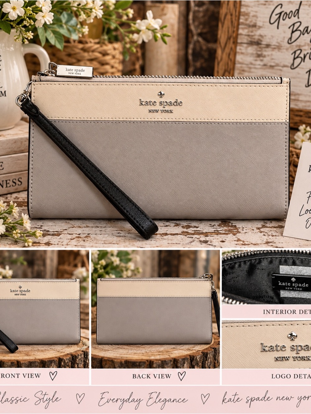 kate spade Two-Tone Saffiano Wristlet Clutch - Cream, Gray & Black